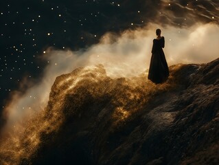 solitary figure, rocky peak, cloudy sky, golden light