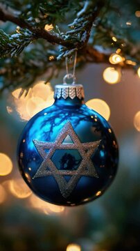 A blue ornament with a star on it. The star is surrounded by a silver border. The ornament is hanging from a tree branch