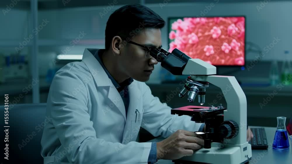 Poster scientist using microscope in lab: a focused scientist meticulously examines a sample under a micros
