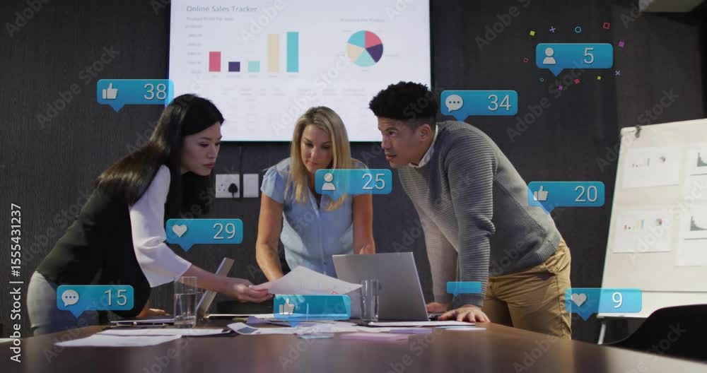 Poster asian woman extending printed report initiating sales data review while animated icons incrementing
