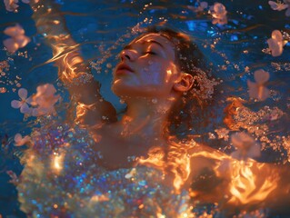 woman underwater, warm golden light, floating flower petals, serene scene