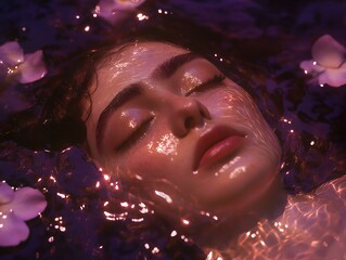 woman underwater, purple and blue hues, flower petals, artistic image