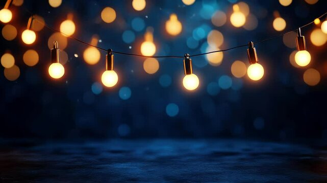 cozy festive string of warm glowing light bulbs with a dark blue bokeh background