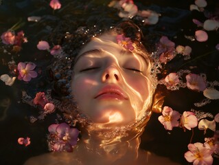 woman submerged, white flowers, soft light, underwater serenity