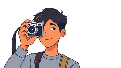 Portrait of a young man aiming with a camera