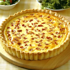 Savory quiche lorraine displayed on a wooden board with fresh salads as side dishes