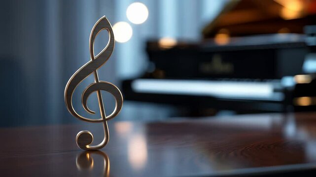 Elegant treble clef on dark wooden surface with piano in background high quality image for music related content