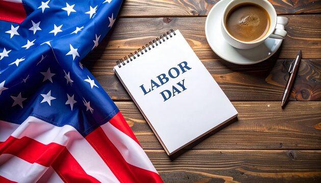 Labor day Coffee, Notebook, and Flag on Wooden Desk