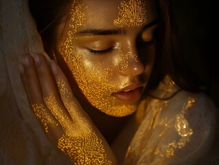 a serene woman with closed eyes, her face and hand covered in elaborate patterns of golden glitter and foil