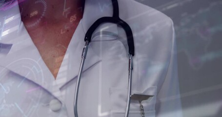 Female doctor pulling badge chain around stethoscope and revealing sliding holographic health data - Powered by Adobe