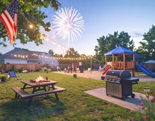Obraz premium Fireworks illuminate a festive barbecue gathering on July Fourth evening