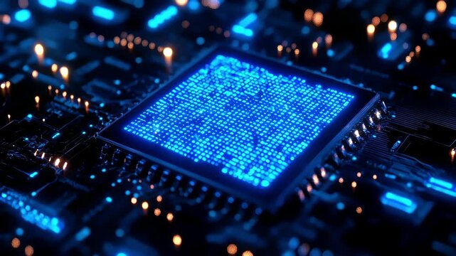 futuristic glowing blue cpu processor chip on a circuit board background loop