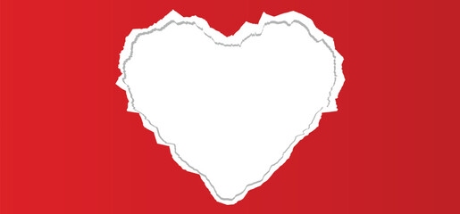 Red torn paper with torn edges isolated transparent background with shadow effect in horizontal banner design. ripped love shape paper strip