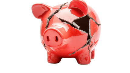 Financial Crisis and Broken Piggy Bank Concept Sign on white background 