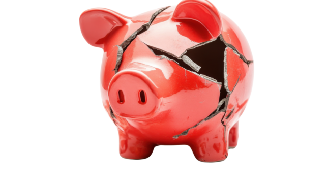 Financial Crisis and Broken Piggy Bank Concept Sign on white background 