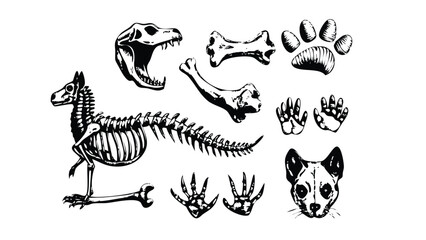 Animal Parts Anatomy Icon Pack in Stipple Ink Style. Black and White Vector Collection of Isolated Skeletons. Vintage Biology Illustration Set