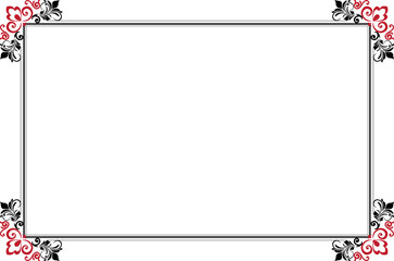 Elements of ornate vintage frames. Border black and red on white classic calligraphy swirls, floral motifs. Design print for greeting cards, invitations, 1407