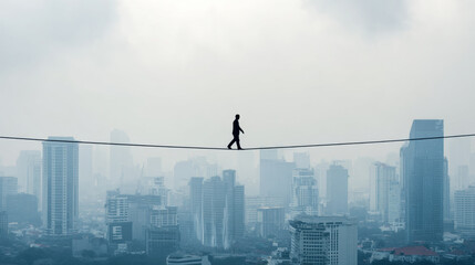 Person walking tightrope over urban skyline, showcasing balance and courage amidst cloudy