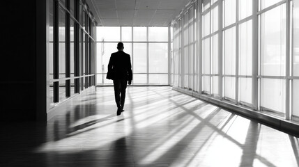 Fototapeta premium Person in suit walks down bright office hallway, casting long shadows