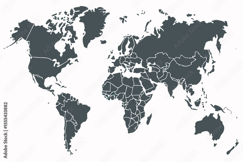 Poster vector world map illustration showing continents and country borders in a simple gray and white desi