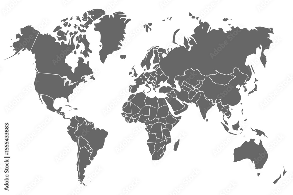 Poster vector gray world map with country borders displayed against a white background in a simple and clea