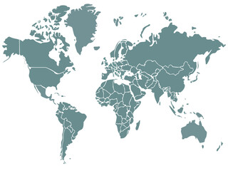 Fototapeta premium Vector world map illustration featuring continents and country borders in a muted green color scheme on white