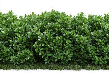 Dense green flowering shrubs with woody branches and clustered foliage isolated on white background, natural landscaping or garden plant