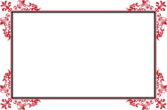 Elements of ornate vintage frames. Border black and red on white classic calligraphy swirls, floral motifs. Design print for greeting cards, invitations, restaurant menu, royal certificates. Set 425