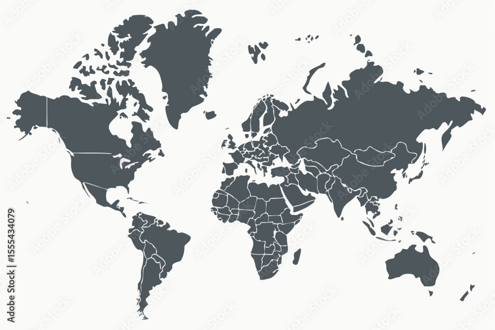 Poster vector detailed world map illustration showing continents and country borders in a simple gray and w