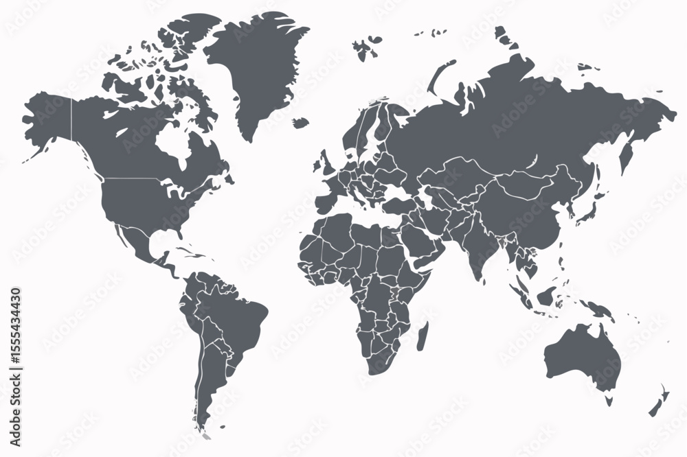 Poster vector detailed world map illustration showing continents and country borders in a muted gray color 