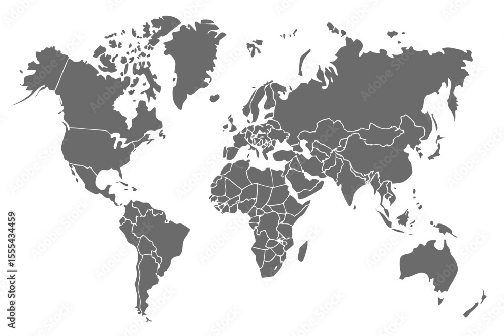 Poster vector gray world map illustration showing continents and country borders on a white background in a