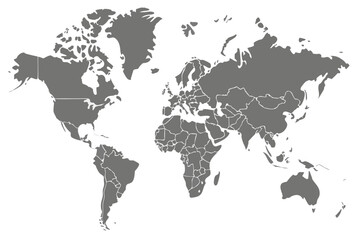 Vector  detailed world map illustration showcasing continents and countries in a muted gray color scheme design