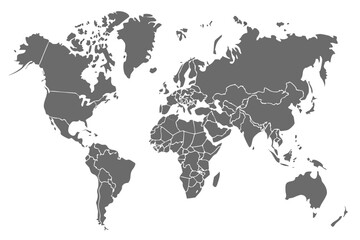 Vector  gray world map illustration showing continents and country borders on a white background in a vector format