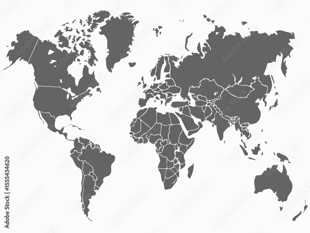 Poster vector world map illustration displaying continents and countries in a gray color scheme on a white 