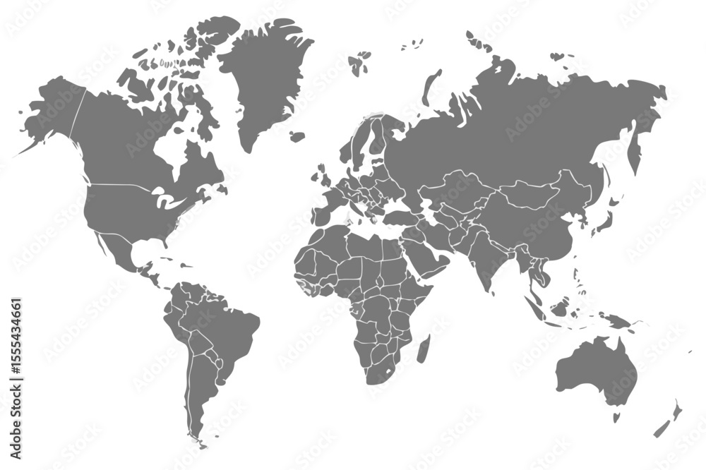 Poster vector world map illustration showing continents and countries in gray color on a white background d