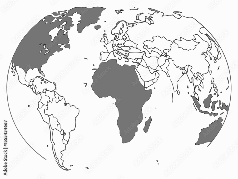 Poster vector world map illustration showing continents with some shaded in gray and outlines of countries 