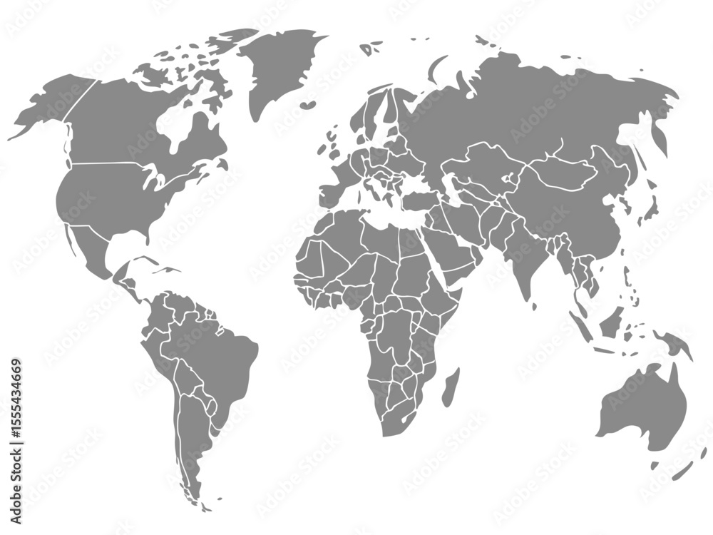 Poster vector world map illustration showing continents and country borders in gray on a white background o
