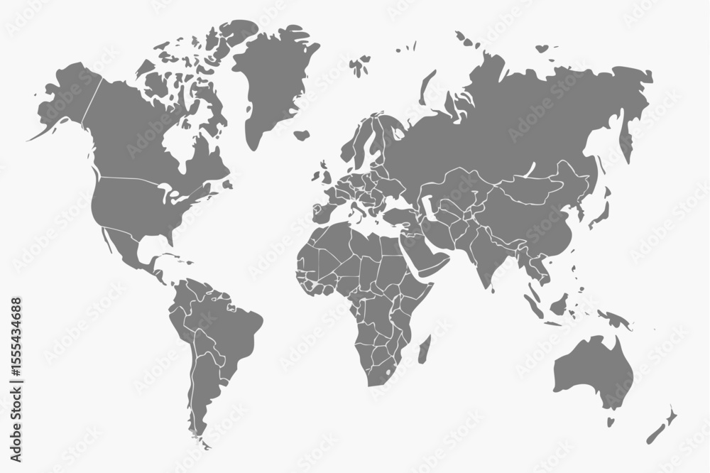 Poster vector a gray world map showing continents and countries with white borders on a white background ce