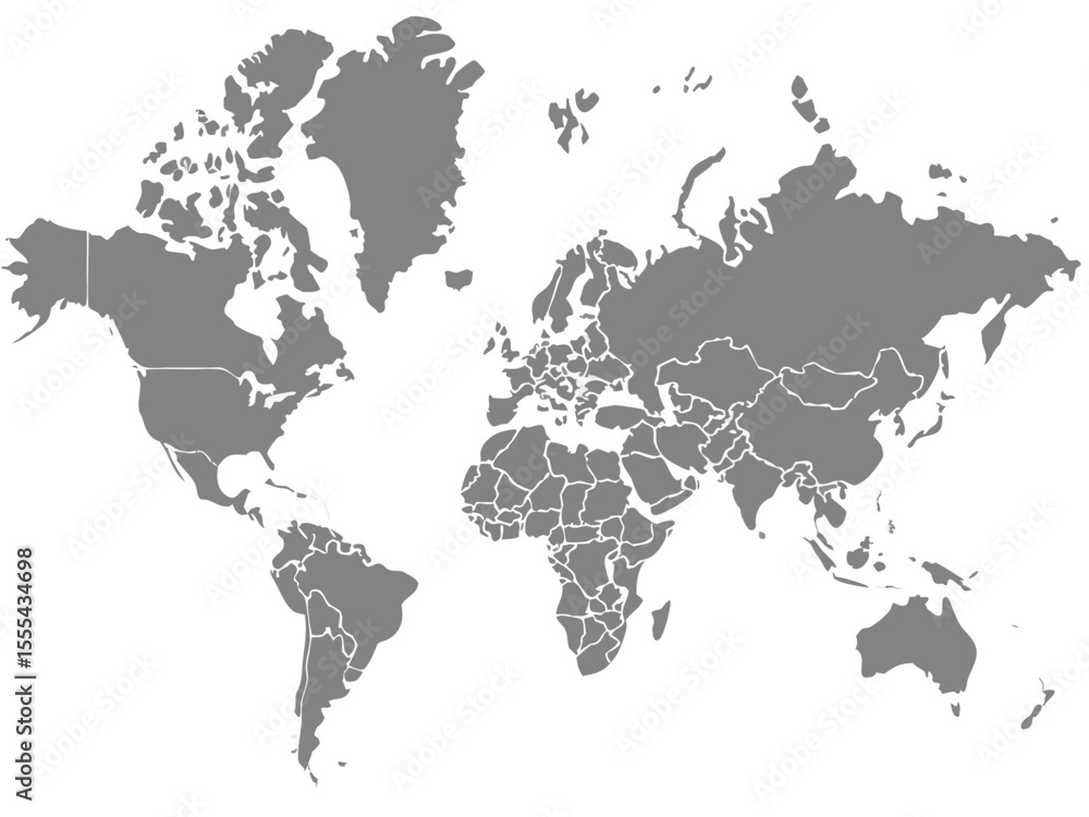 Poster vector world map illustration displaying continents and country borders in grayscale on a white back