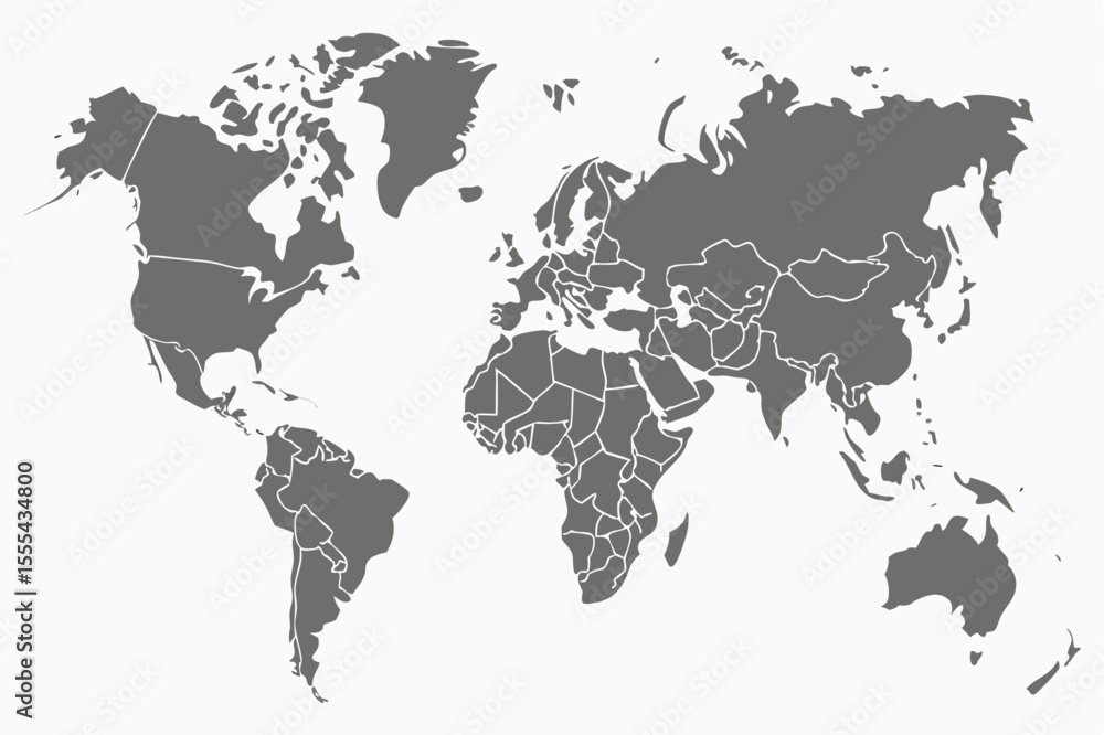 Poster vector world map illustration showing continents and country borders in gray and white color scheme 