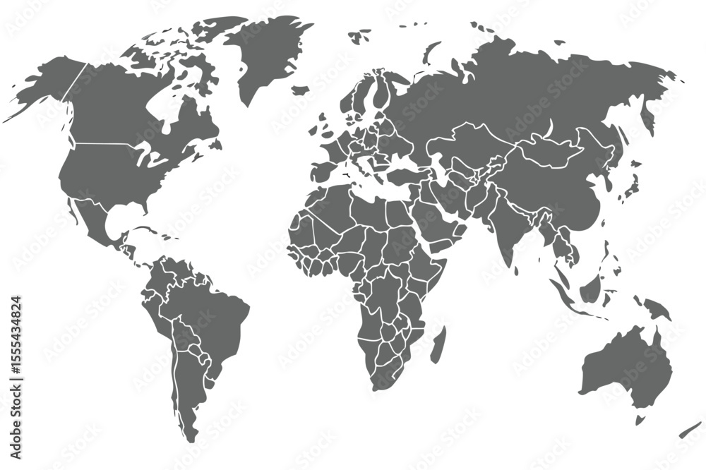 Poster vector world map illustration showing continents and countries in gray color on a white background d