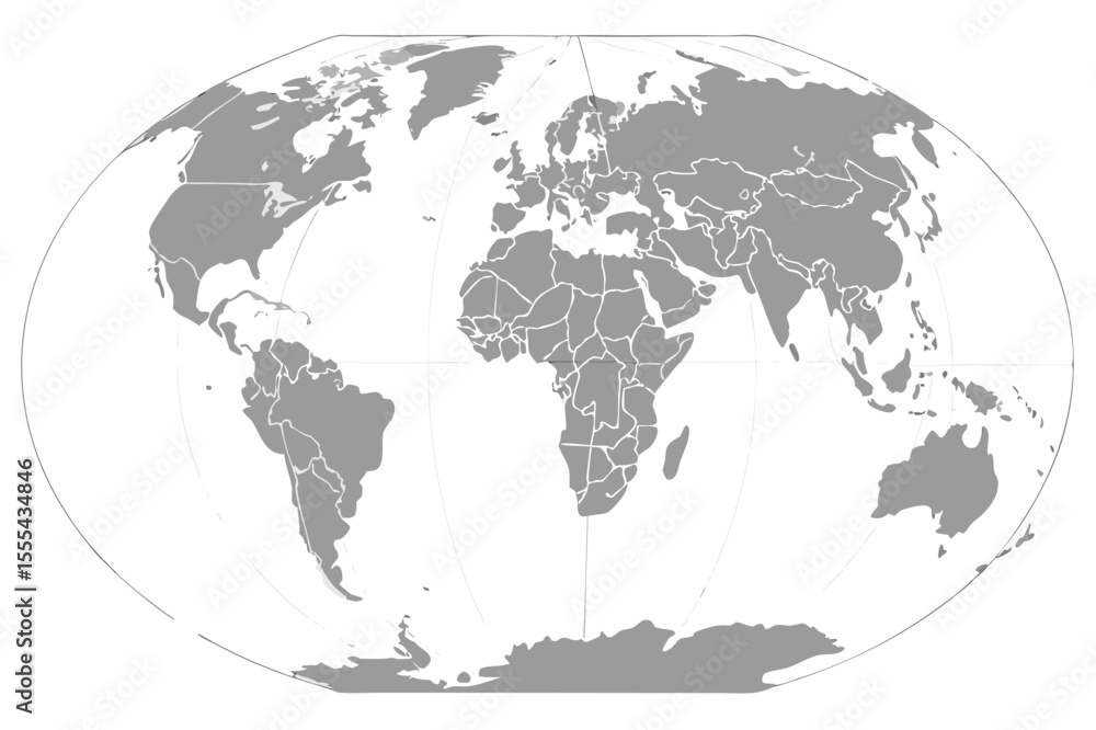 Poster vector gray world map displaying continents and country borders in a robinson projection on white ba