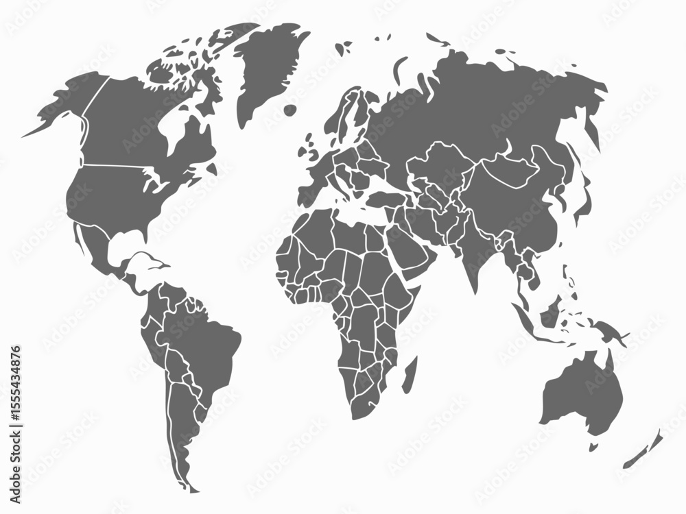 Poster vector world map illustration showing continents and countries in gray against a white background in