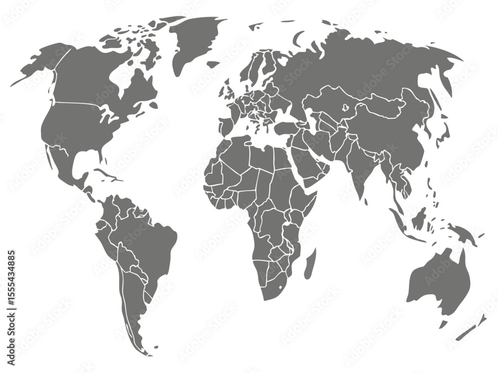 Poster vector gray world map illustration showing continents and country borders on a white background in a