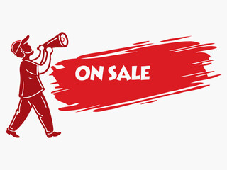 Vector  man with megaphone announcing on sale against a red brush stroke background for promotion and advertising