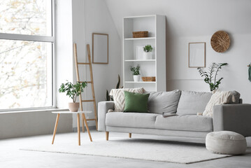 Interior of light living room with grey sofa, shelf unit and plants
