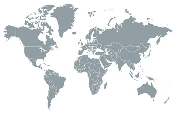 Vector  a world map displaying continents and country borders in gray against a white background showing geography