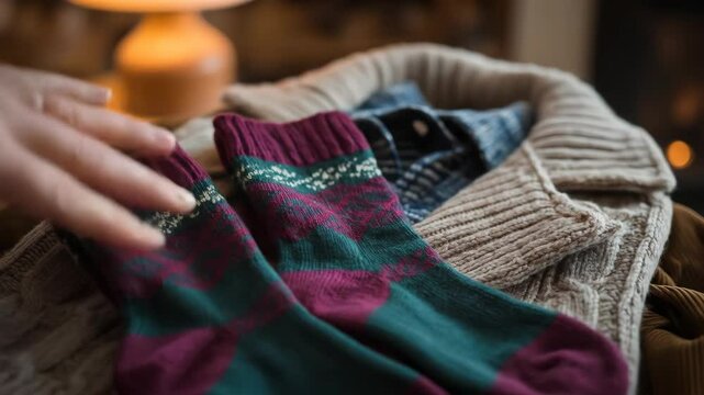 Person organizing socks among knitted clothes near fireplace cozy winter lifestyle scene