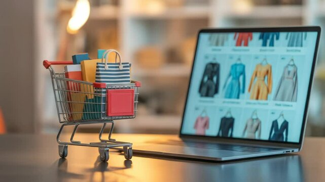 Online shopping experience featuring small shopping cart and laptop displaying apparel items on website