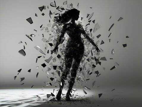 a human figure made of dark, textured material walking forward as it shatters into reflective glass shards